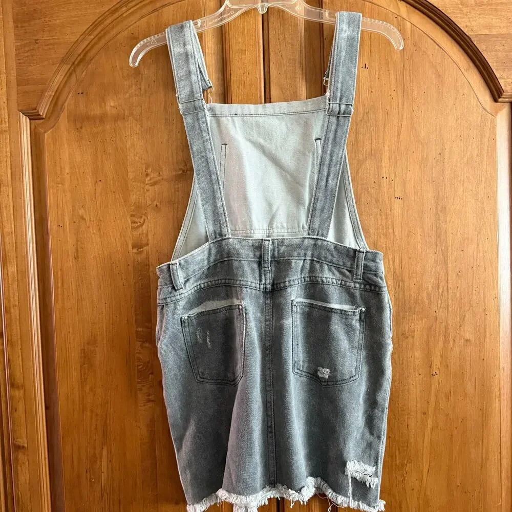 POL overall skirt distressed gray denim ripped torn mini jean overalls S small - Picture 9 of 16
